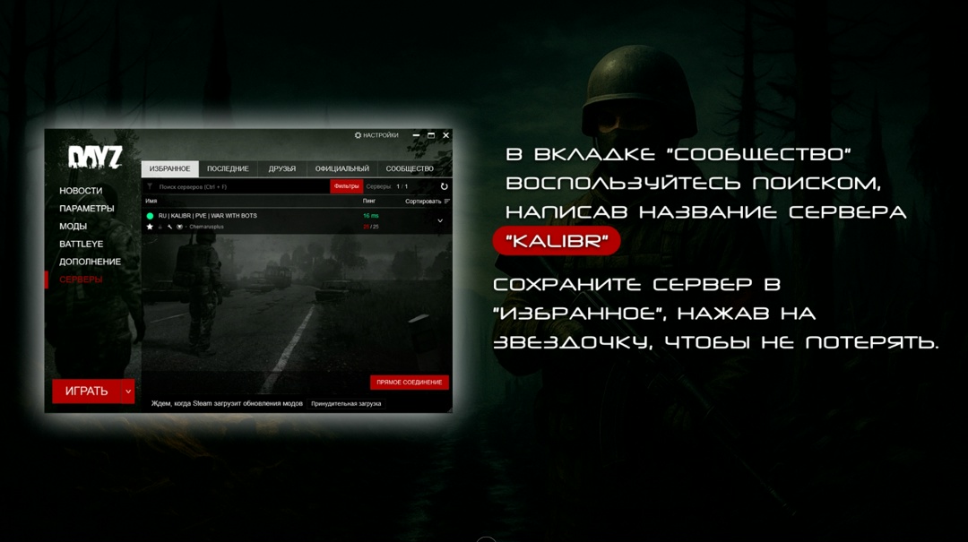 Поиск сервера KALIBR через вкладку Сообщество в DayZ Launcher
