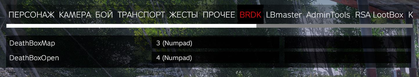 Привязка клавиш — вкладка BRDK с действиями DeathBoxMap и DeathBoxOpen